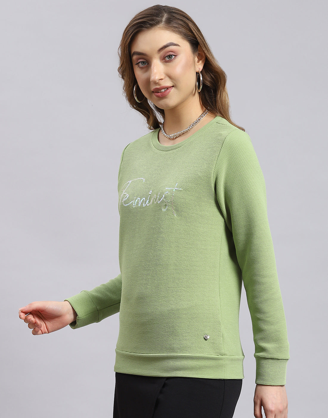 Women Green Self Design Round Neck Full Sleeve Sweatshirt