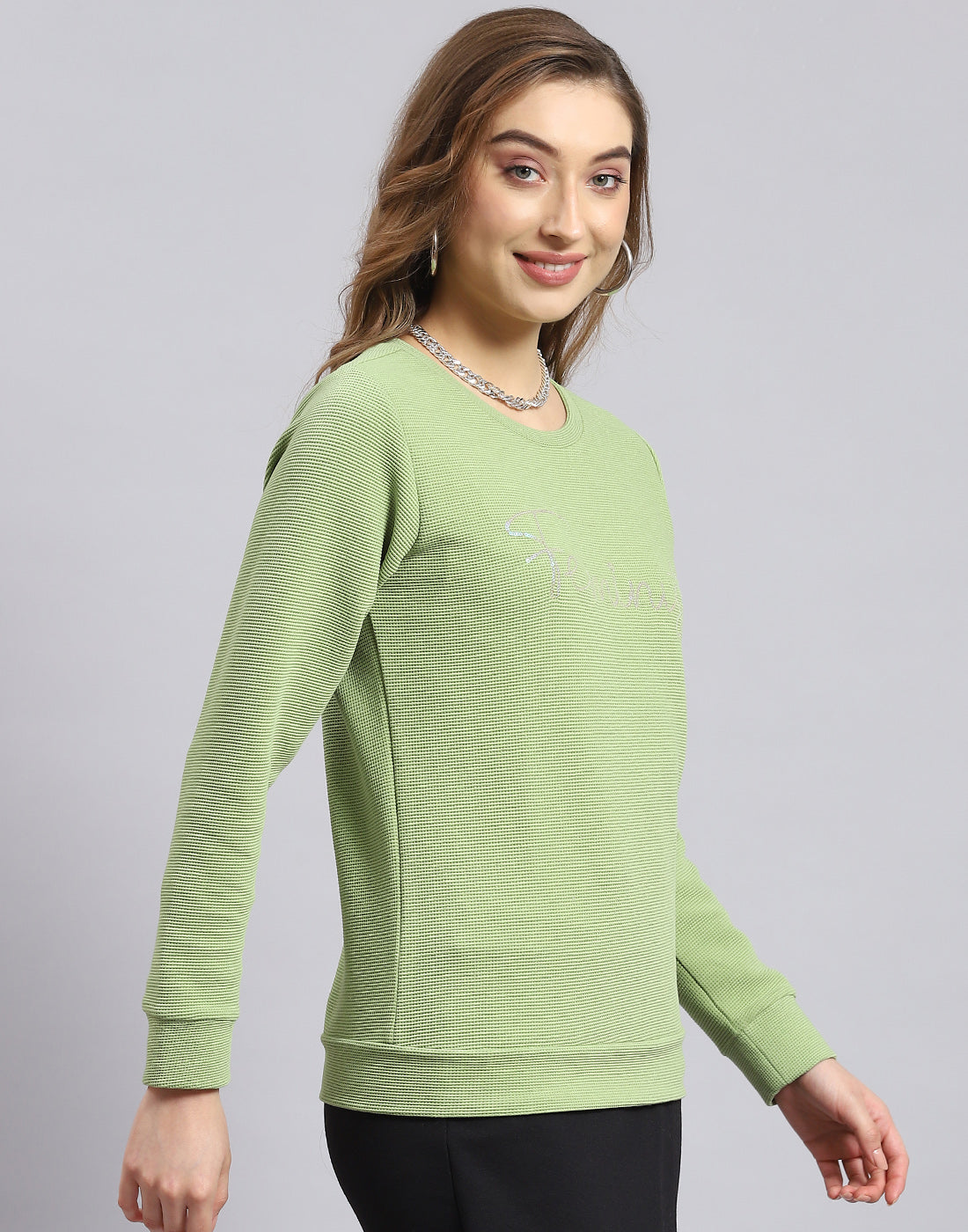 Women Green Self Design Round Neck Full Sleeve Sweatshirt