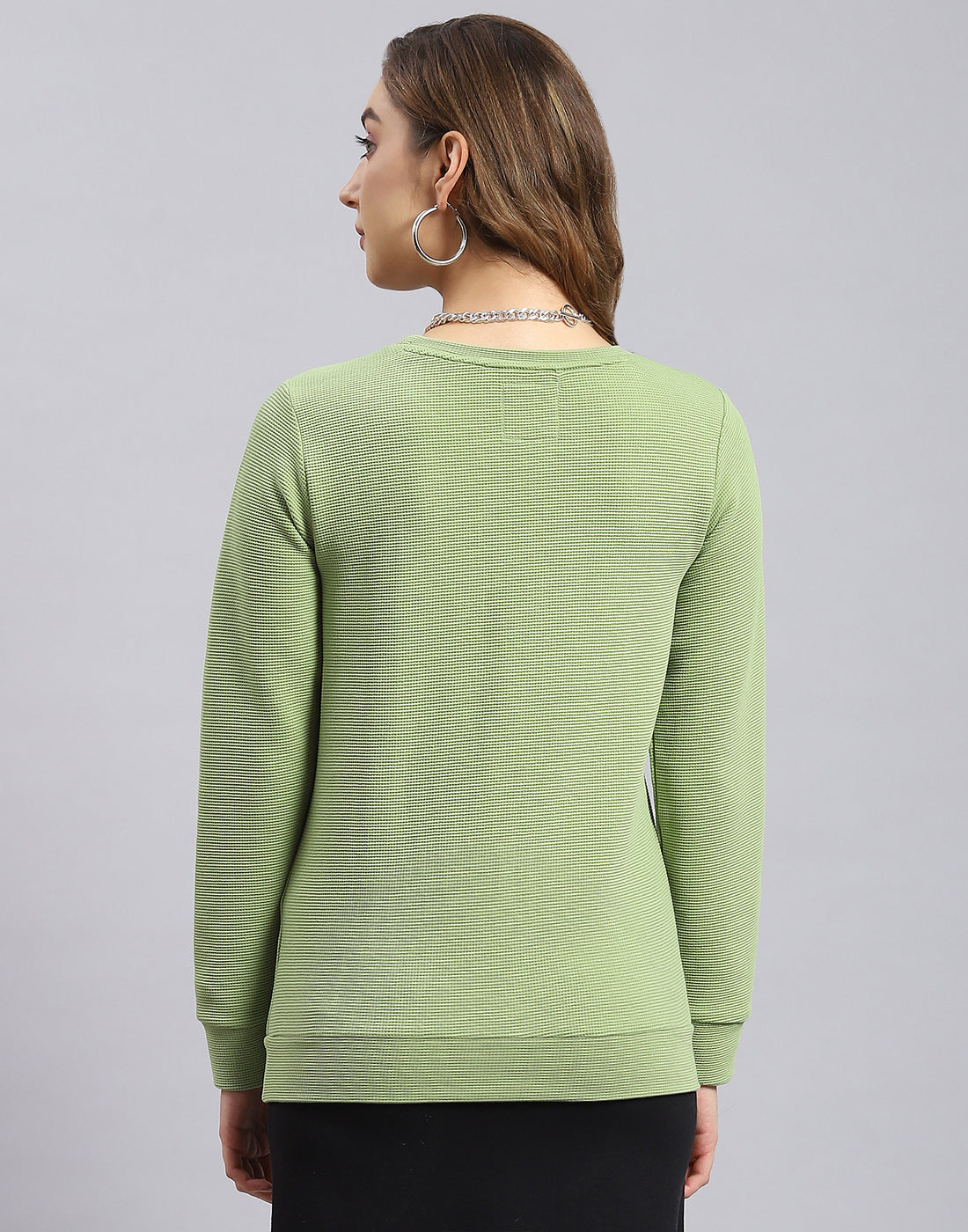 Women Green Self Design Round Neck Full Sleeve Sweatshirt