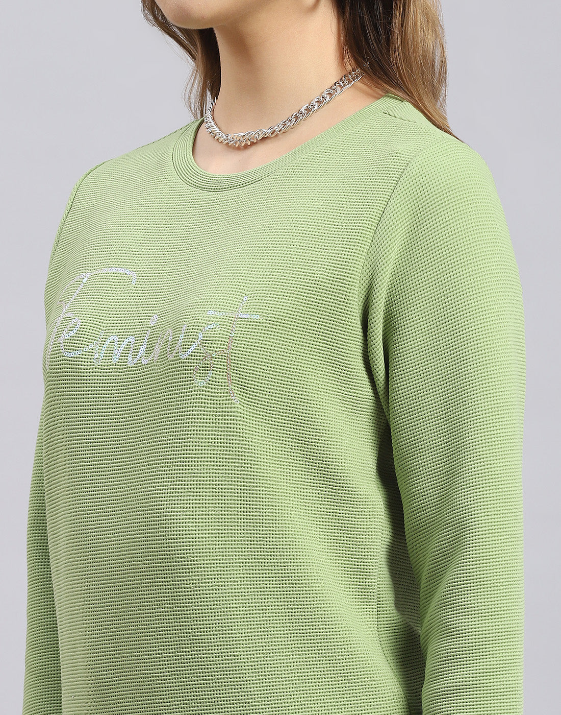 Women Green Self Design Round Neck Full Sleeve Sweatshirt