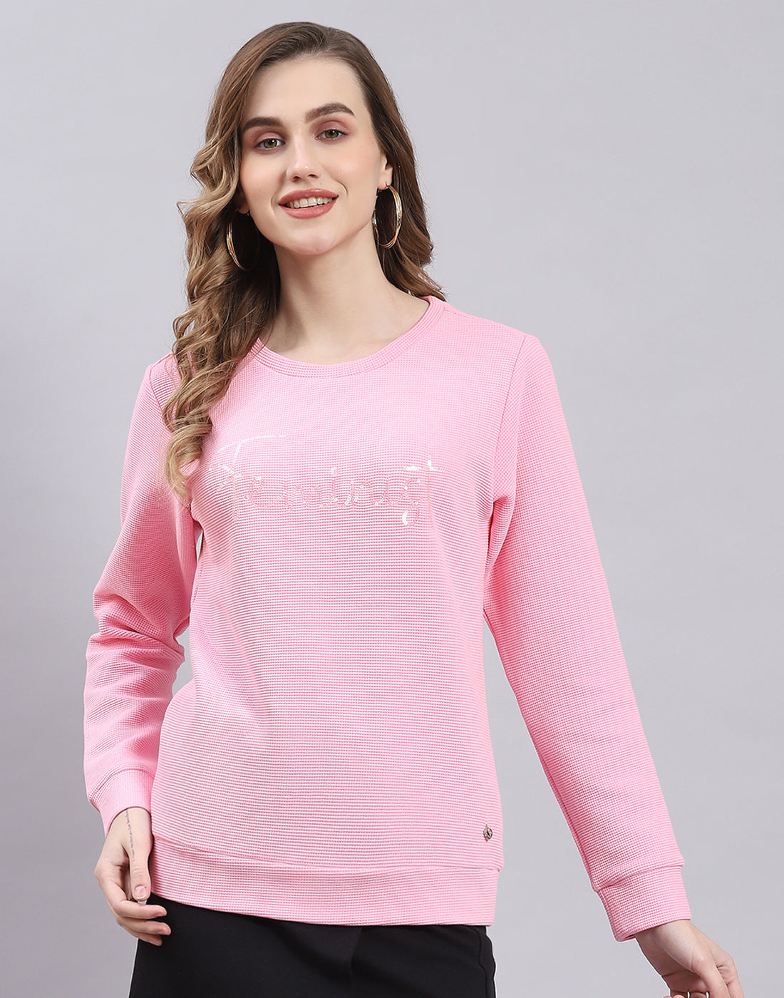 Women Pink Self Design Round Neck Full Sleeve Sweatshirt