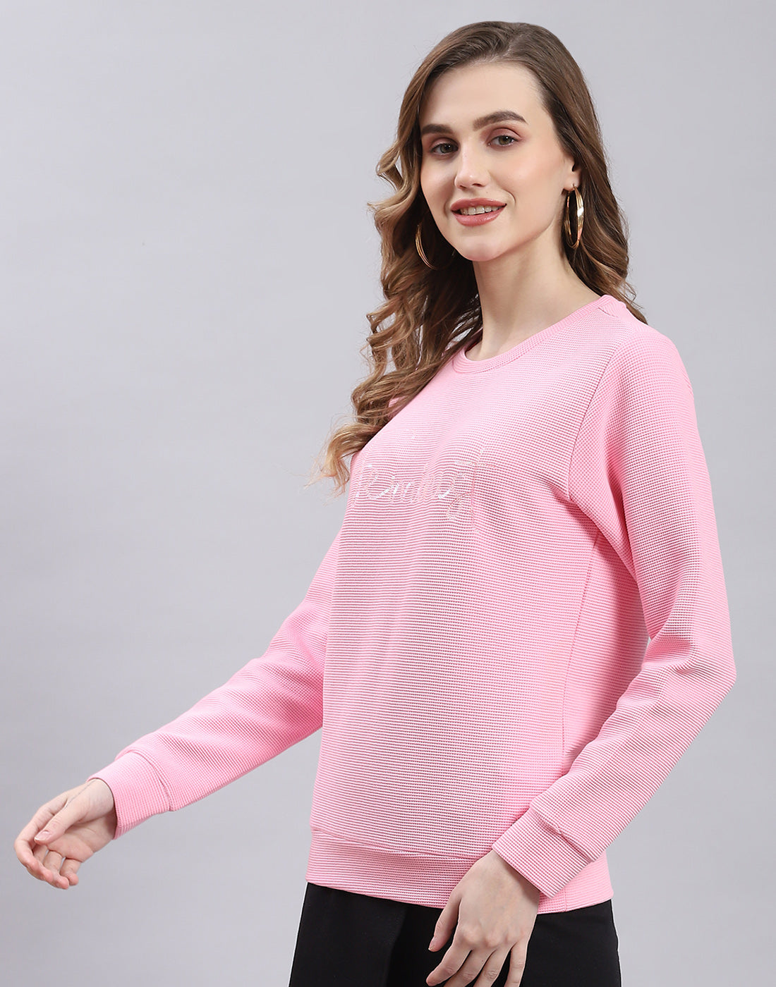 Women Pink Self Design Round Neck Full Sleeve Sweatshirt