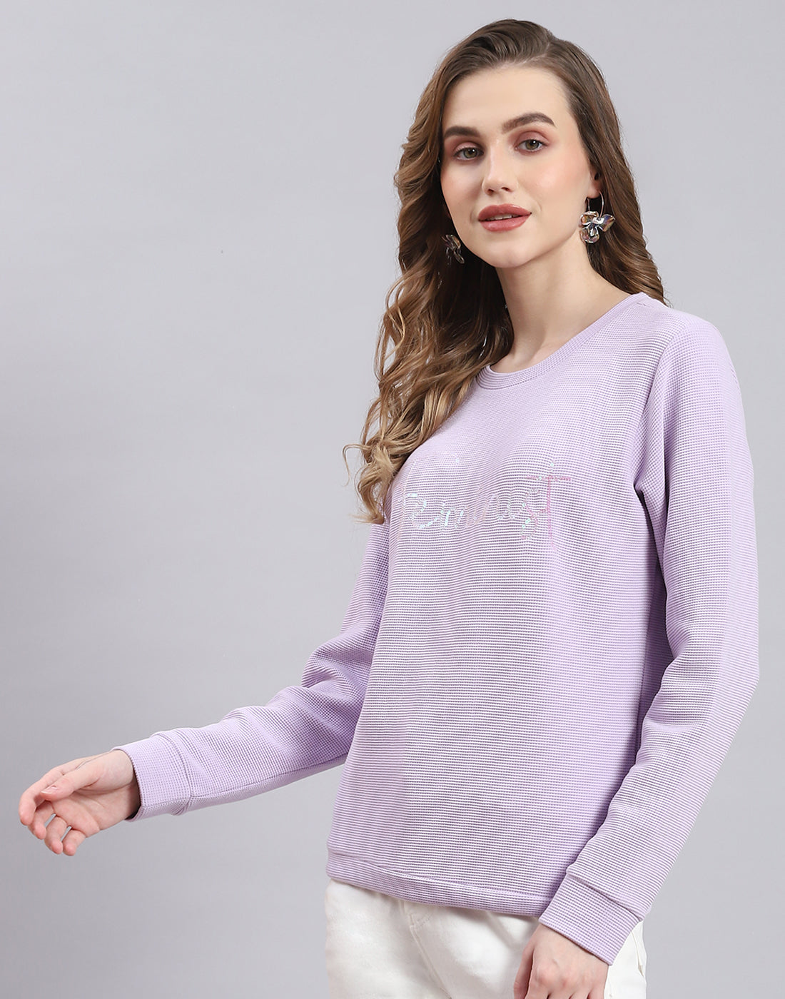 Women Purple Self Design Round Neck Full Sleeve Sweatshirt