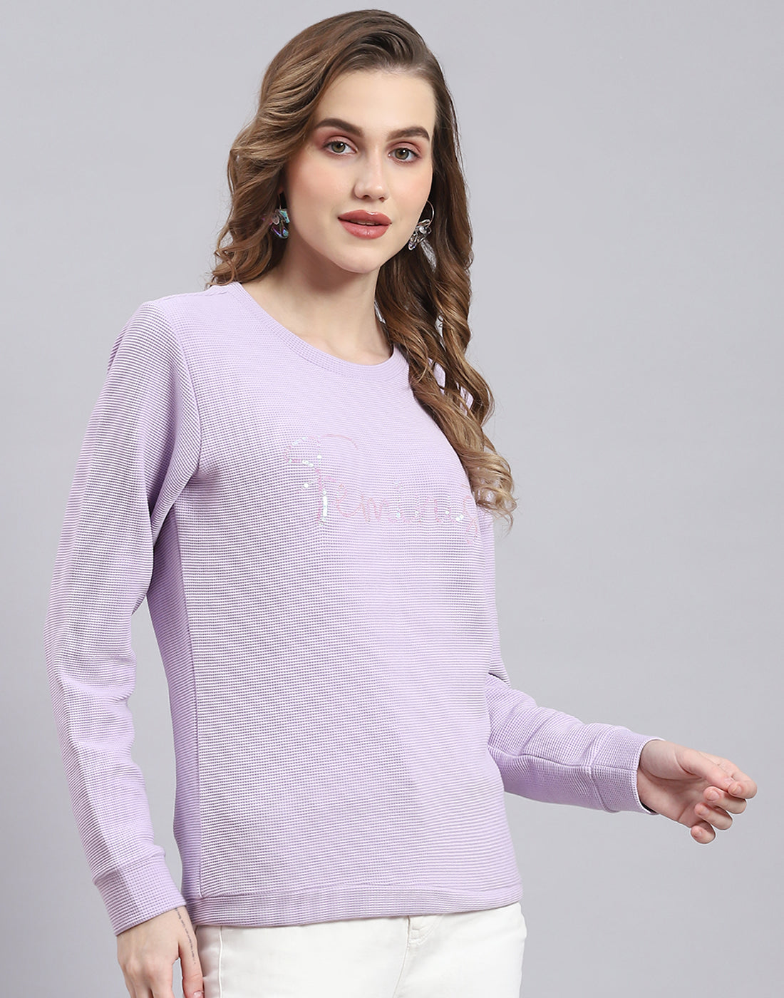 Women Purple Self Design Round Neck Full Sleeve Sweatshirt