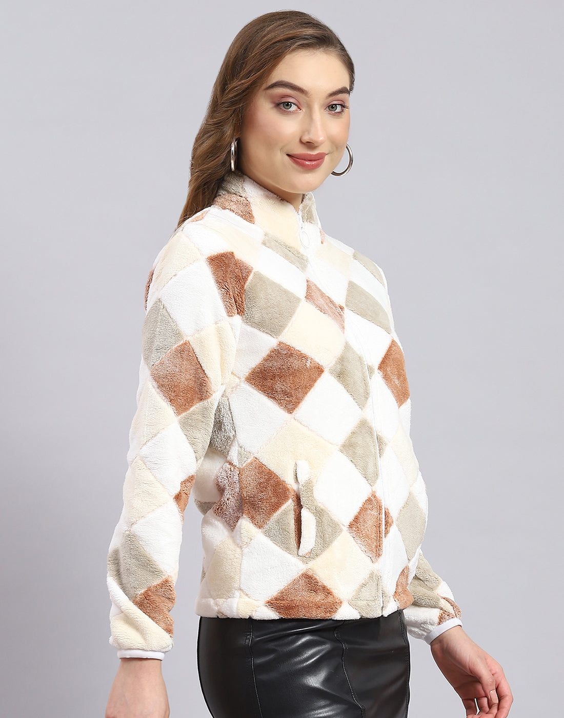 Women Beige Self Design F Neck Full Sleeve Sweatshirt