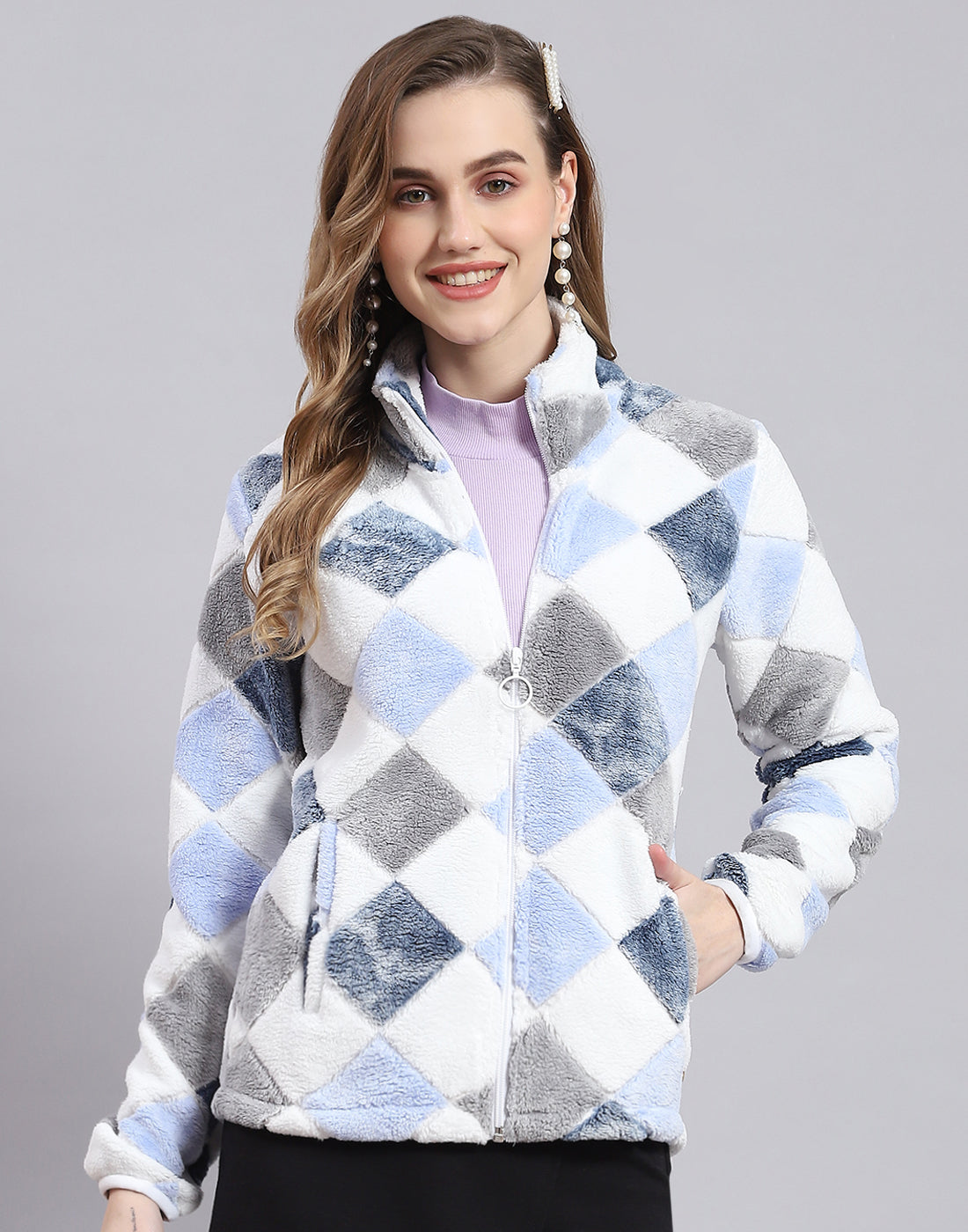 Women Blue Self Design F Neck Full Sleeve Sweatshirt