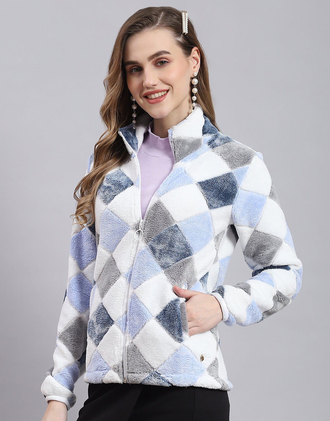 Women Blue Self Design F Neck Full Sleeve Sweatshirt