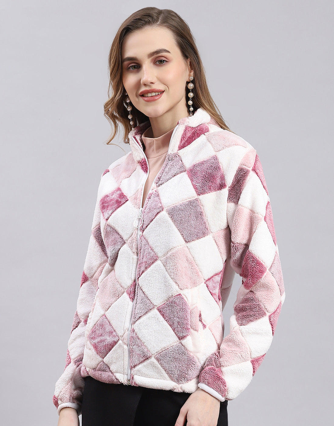 Women Pink Self Design F Neck Full Sleeve Sweatshirt