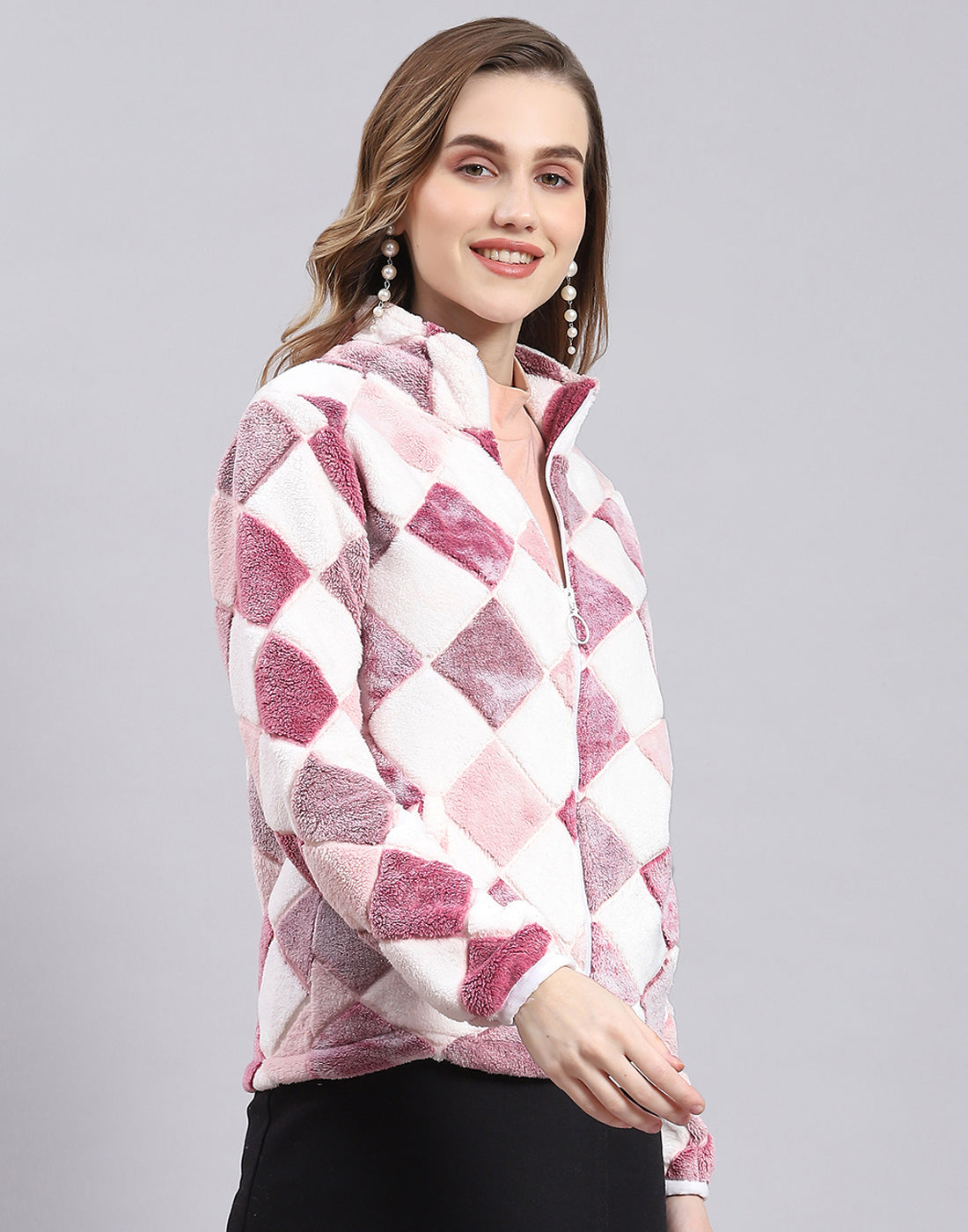 Women Pink Self Design F Neck Full Sleeve Sweatshirt