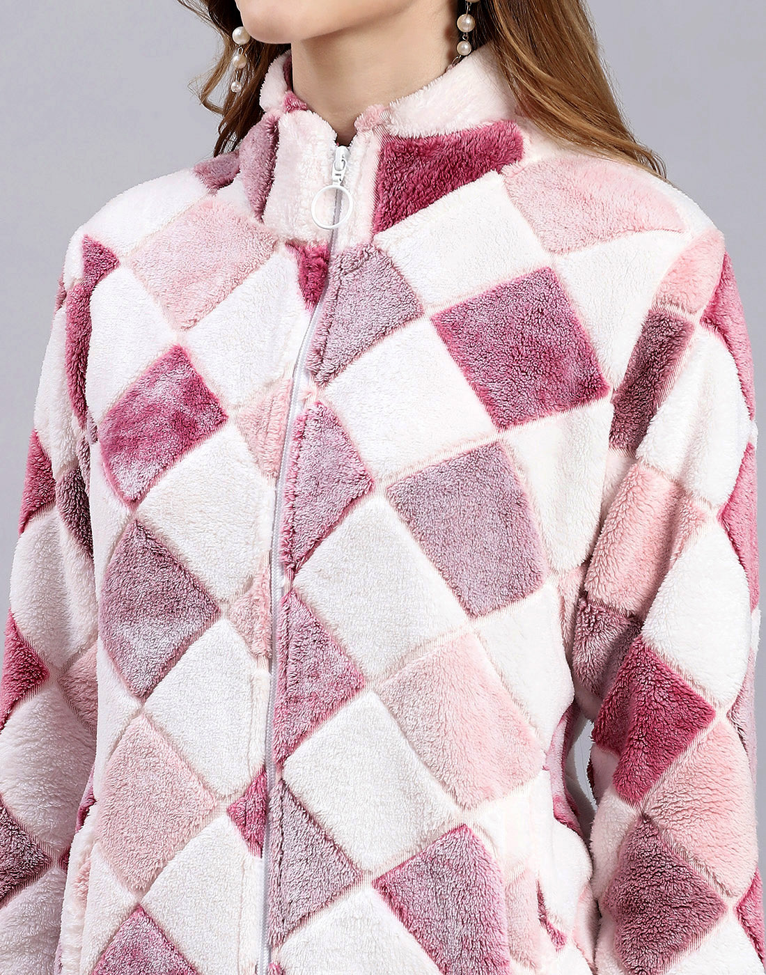 Women Pink Self Design F Neck Full Sleeve Sweatshirt