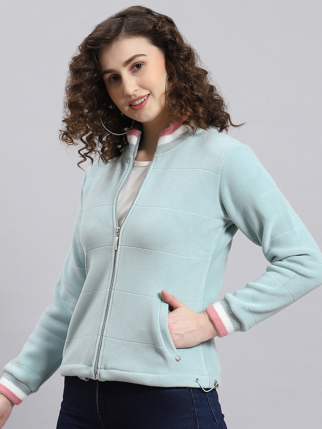 Women Aqua Blue Solid Stand Collar Full Sleeve Sweatshirt