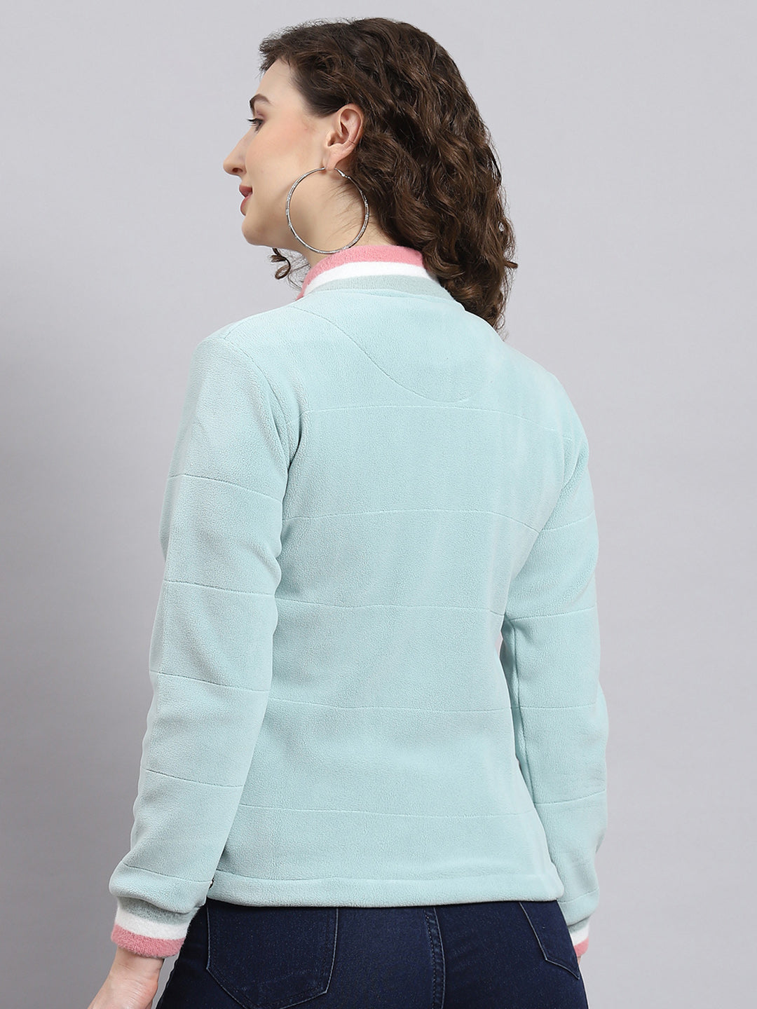 Women Aqua Blue Solid Stand Collar Full Sleeve Sweatshirt