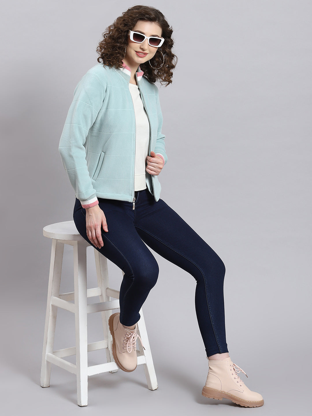 Women Aqua Blue Solid Stand Collar Full Sleeve Sweatshirt