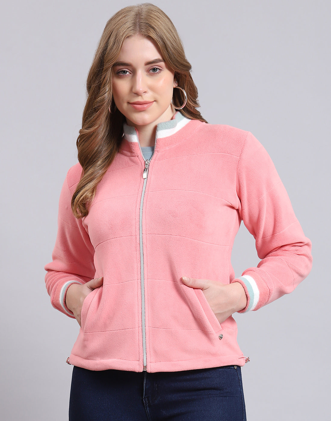 Women Pink Solid Stand Collar Full Sleeve Sweatshirt