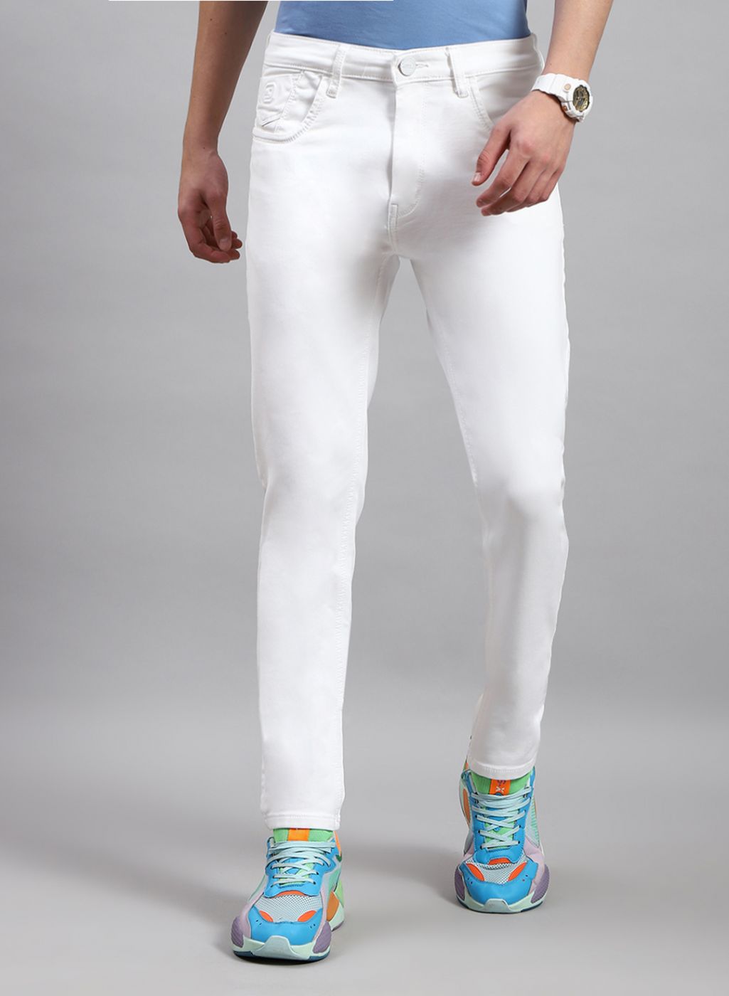 Men White NArrow Fit Denim