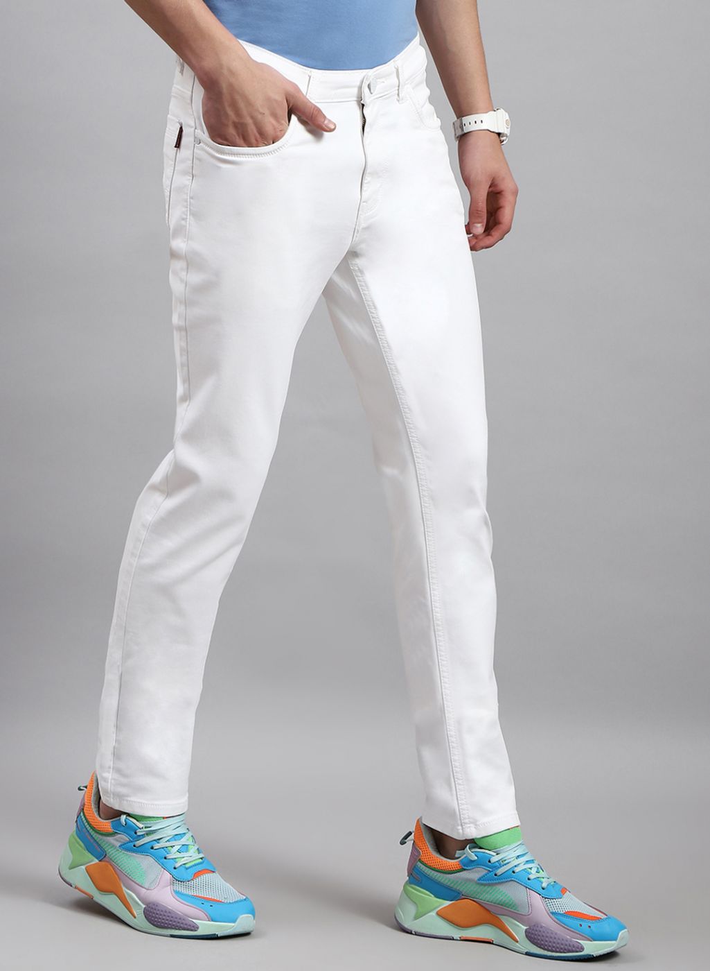 Men White NArrow Fit Denim