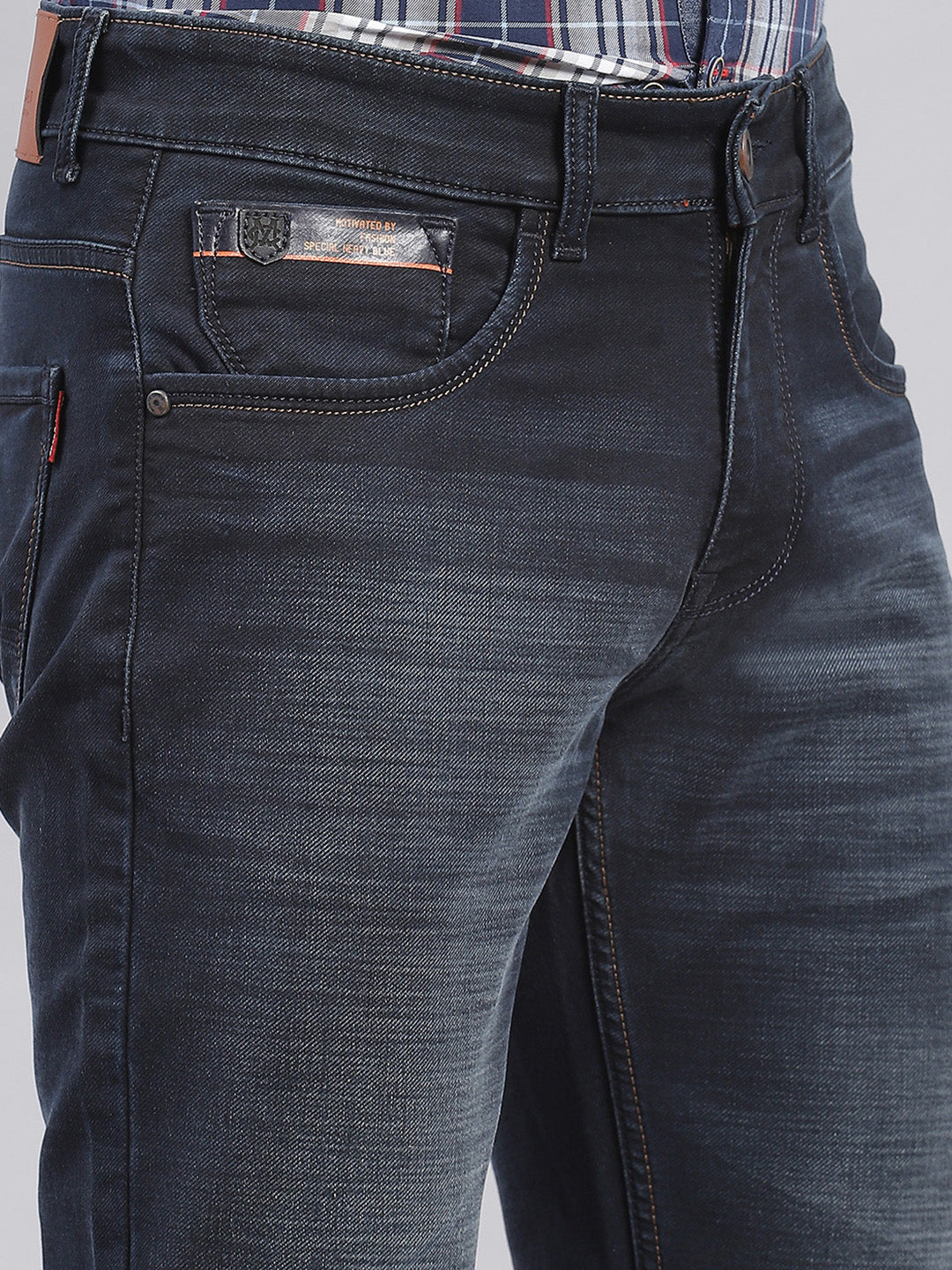 Men Navy Blue Light Wash Narrow Fit Denims