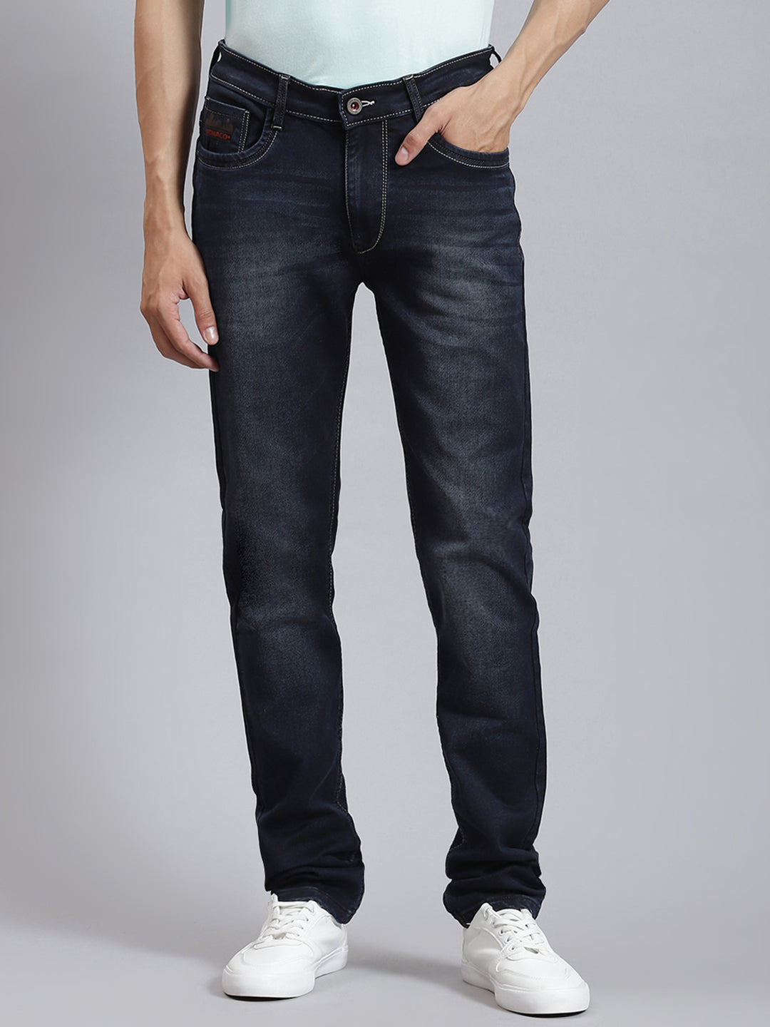 Men Blue Solid Regular Fit Denims