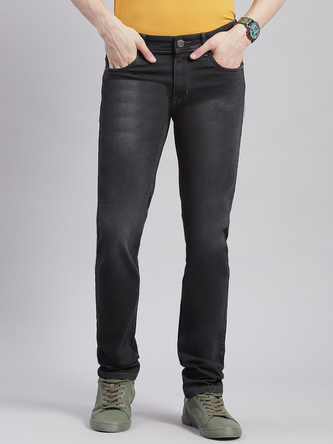 Men Grey Solid Regular Fit Denims