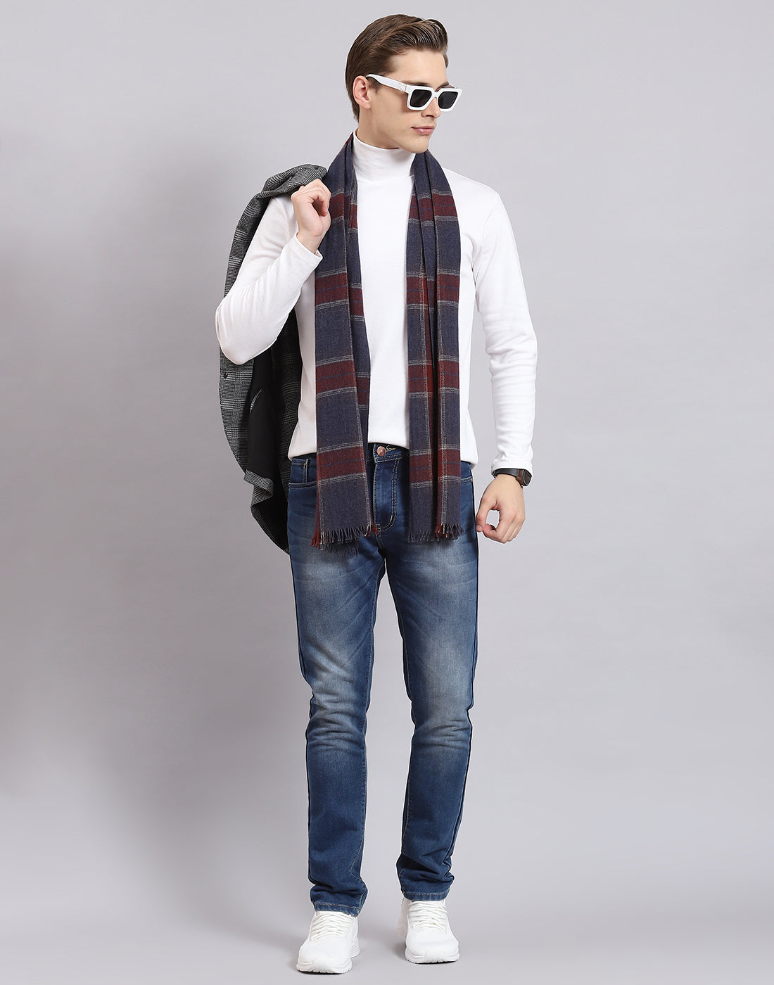 Men Teal Blue Check Muffler