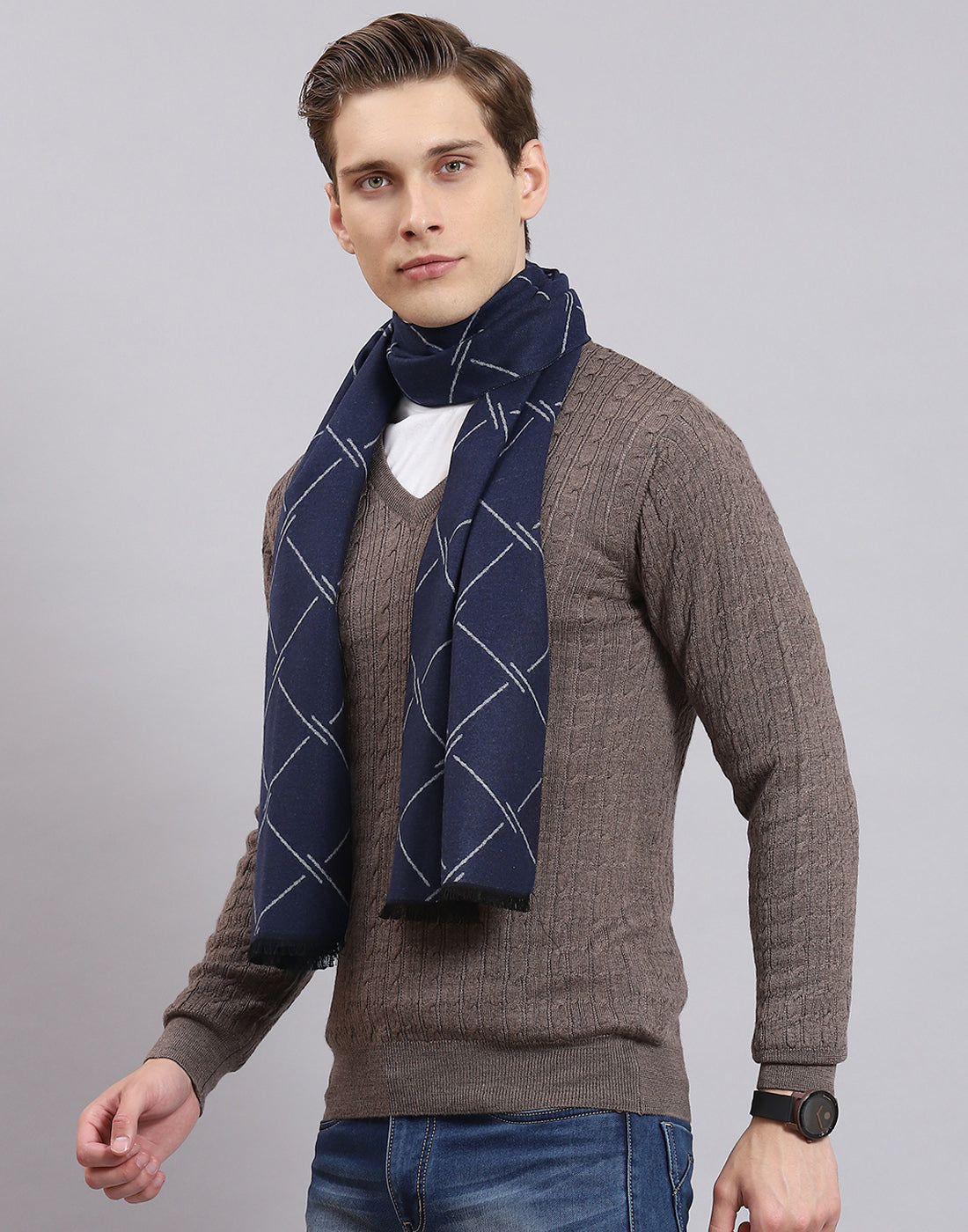 Men Navy Blue Self Design Muffler