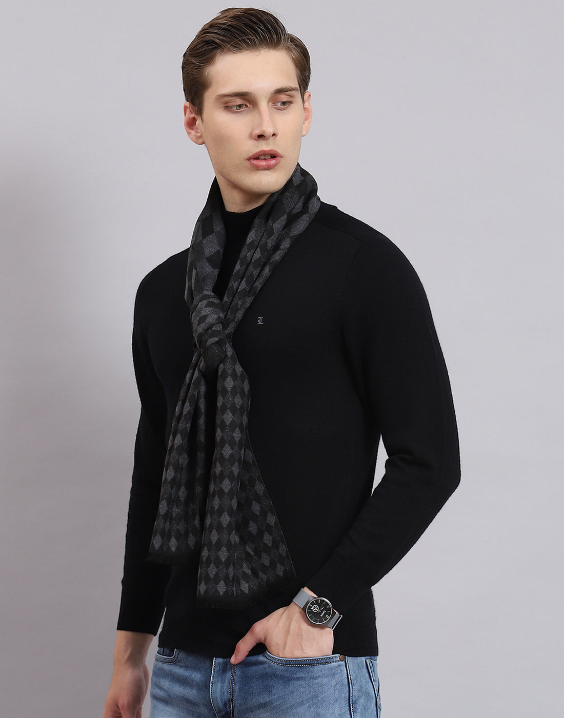 Men Grey Self Design Muffler