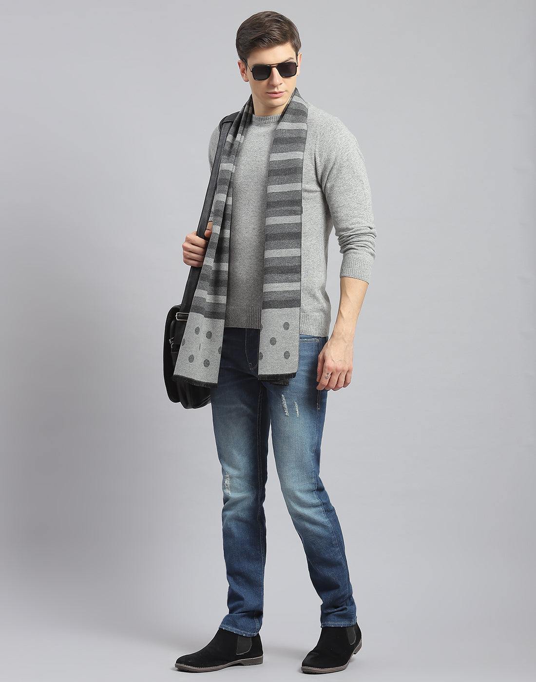 Men Grey Melange Stripe Muffler