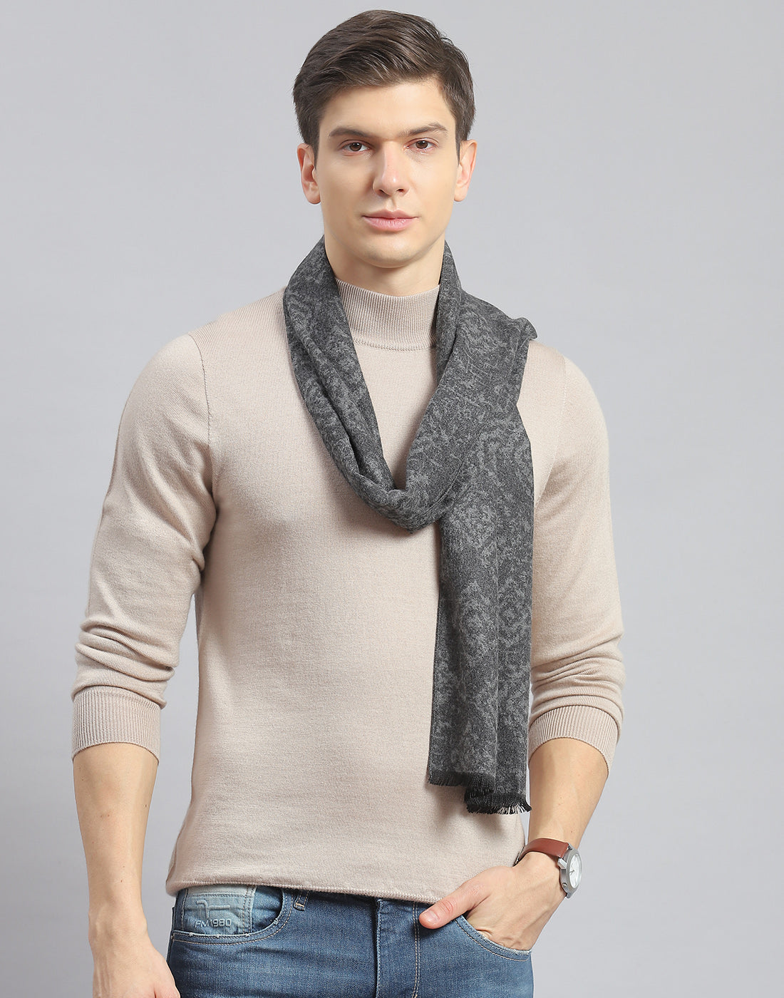 Men Grey Self Design Muffler