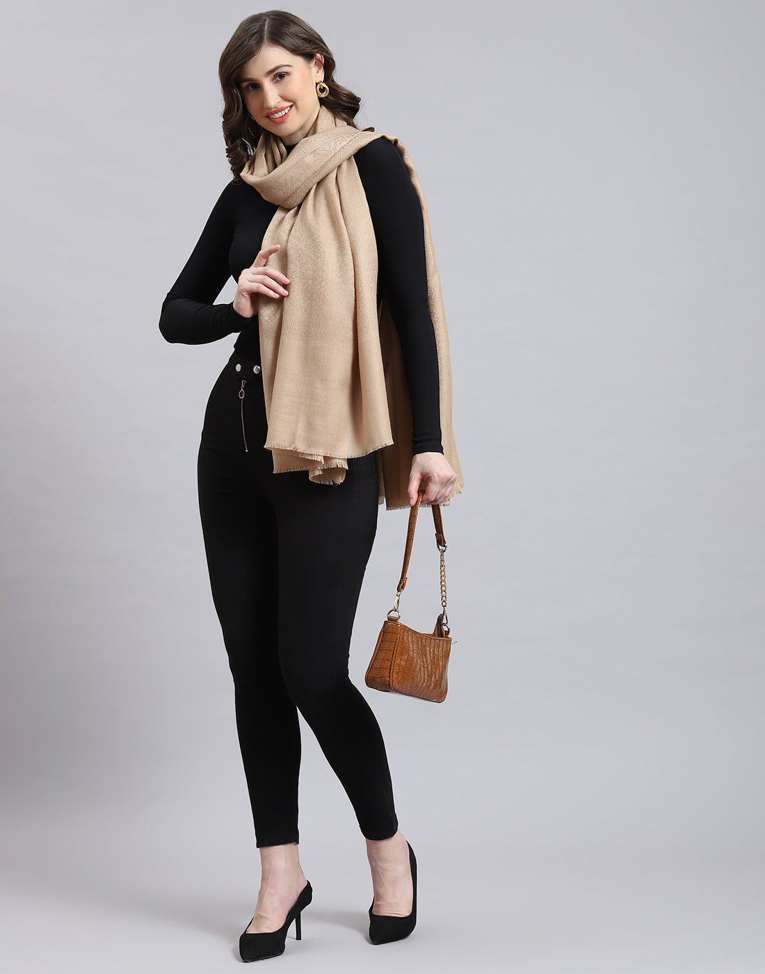 Women Beige Self Design Shawl