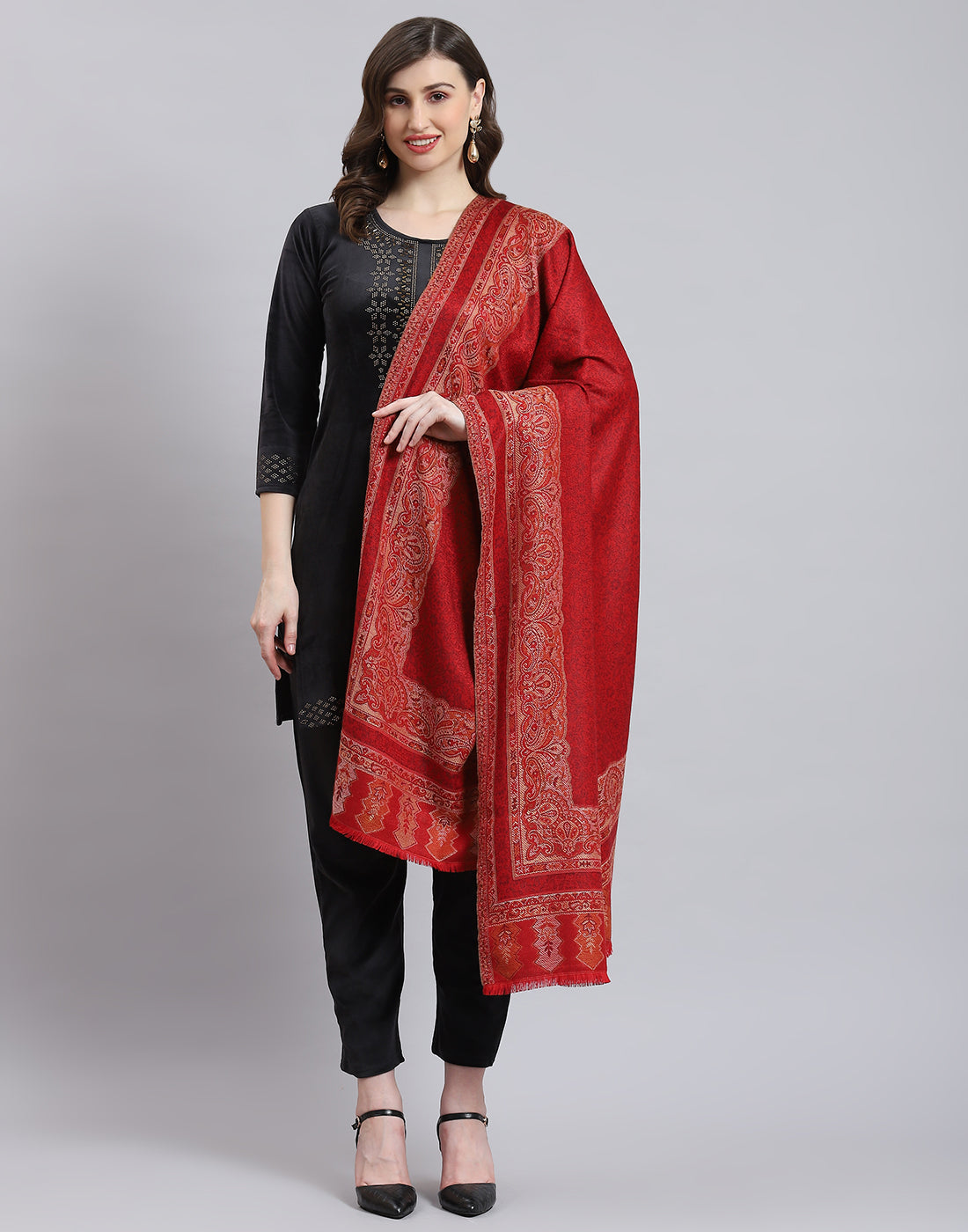 Women Maroon Self Design Shawl