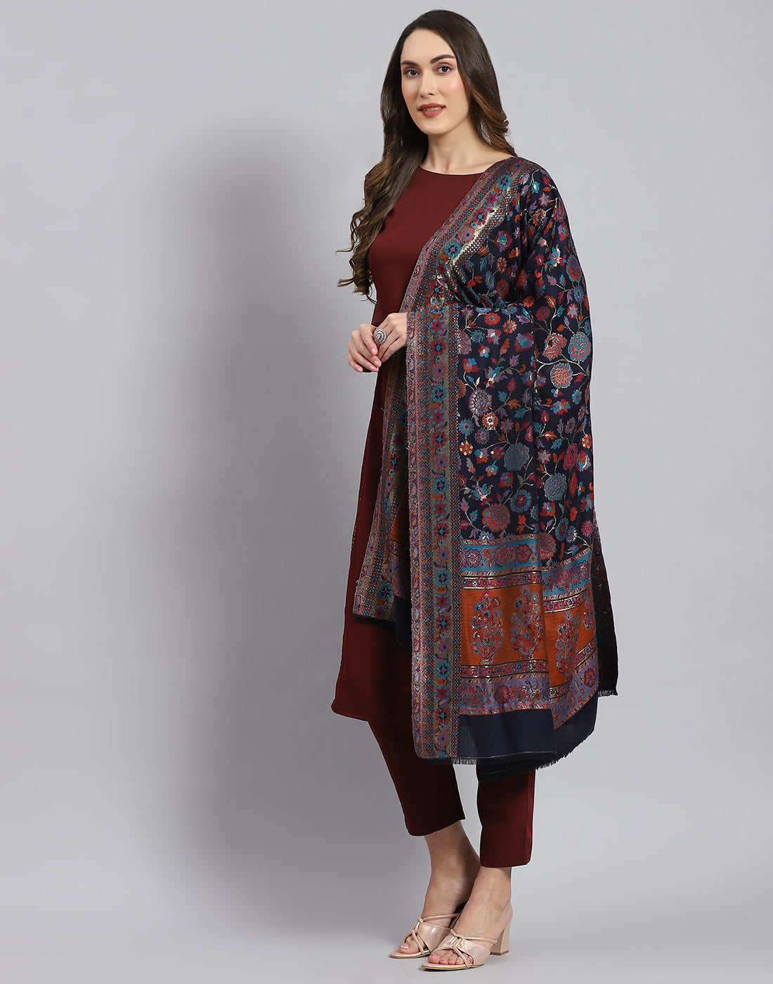 Women Navy Blue Self Design Shawl