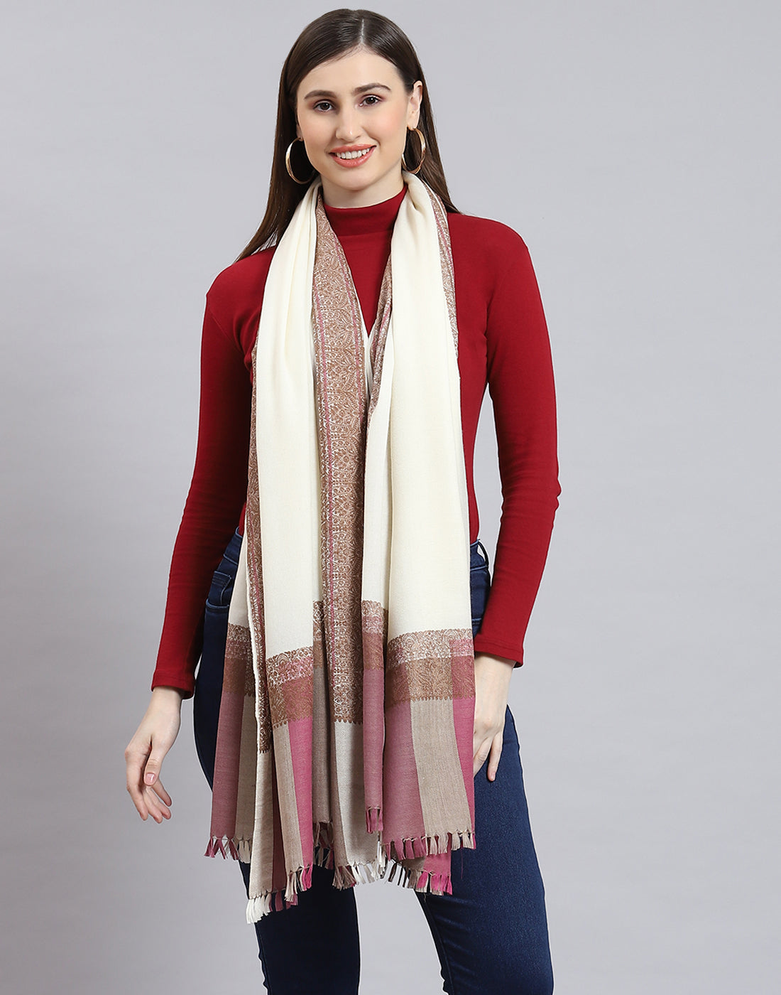 Women Off White Self Design Shawl