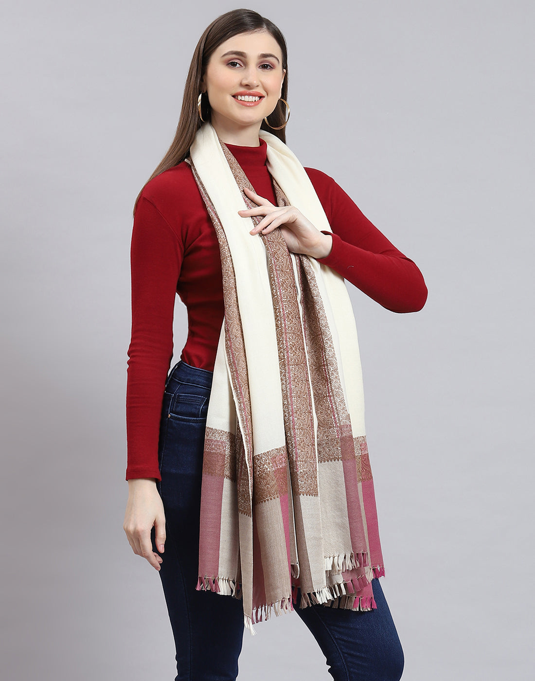 Women Off White Self Design Shawl