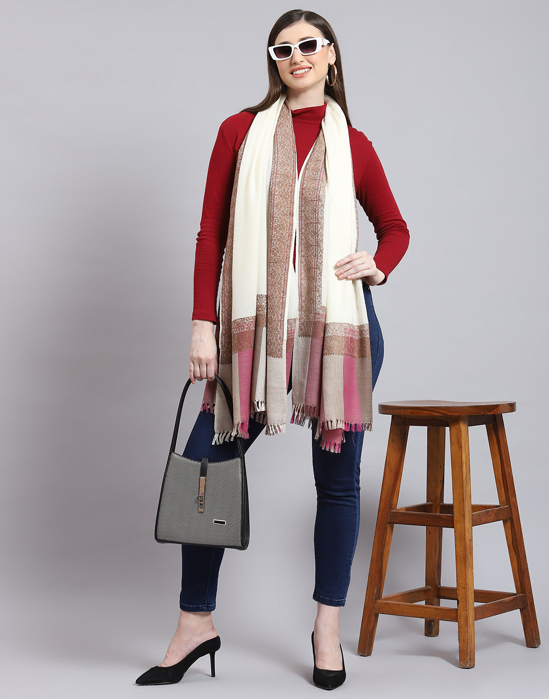 Women Off White Self Design Shawl