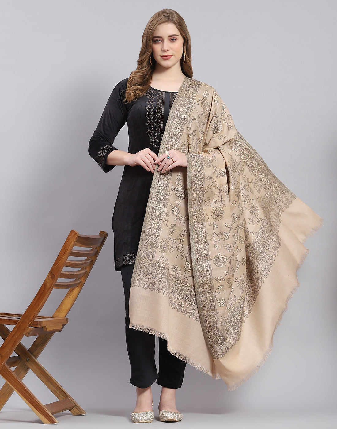Women Beige Self Design Shawl