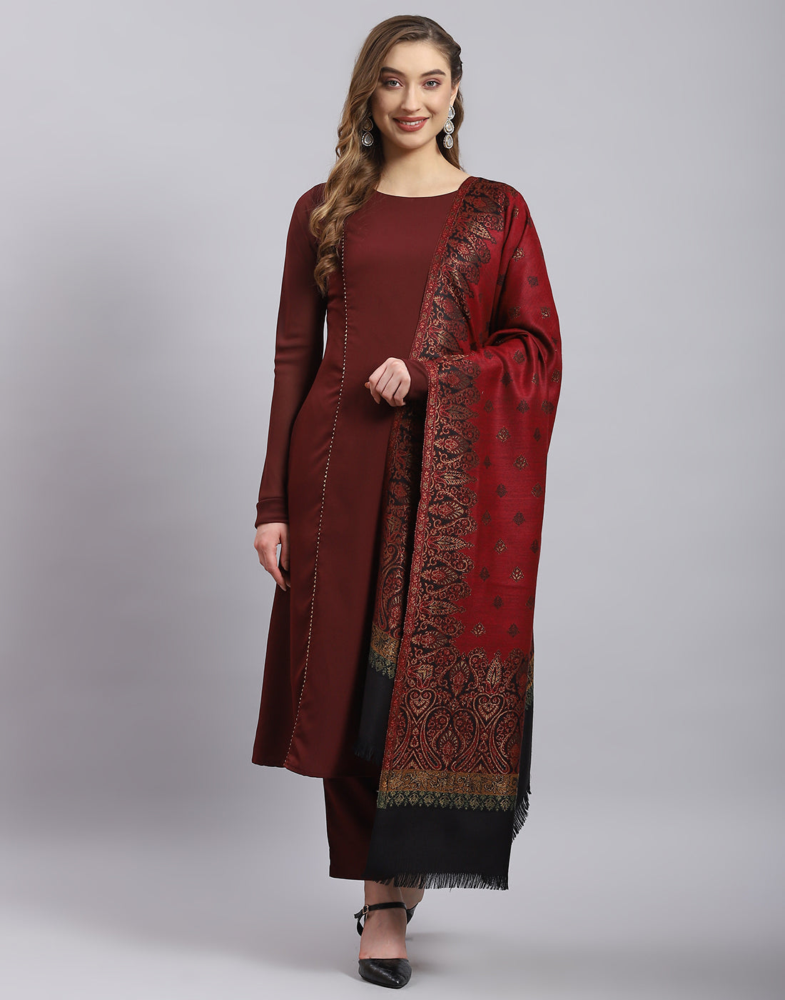 Women Rust Self Design Shawl