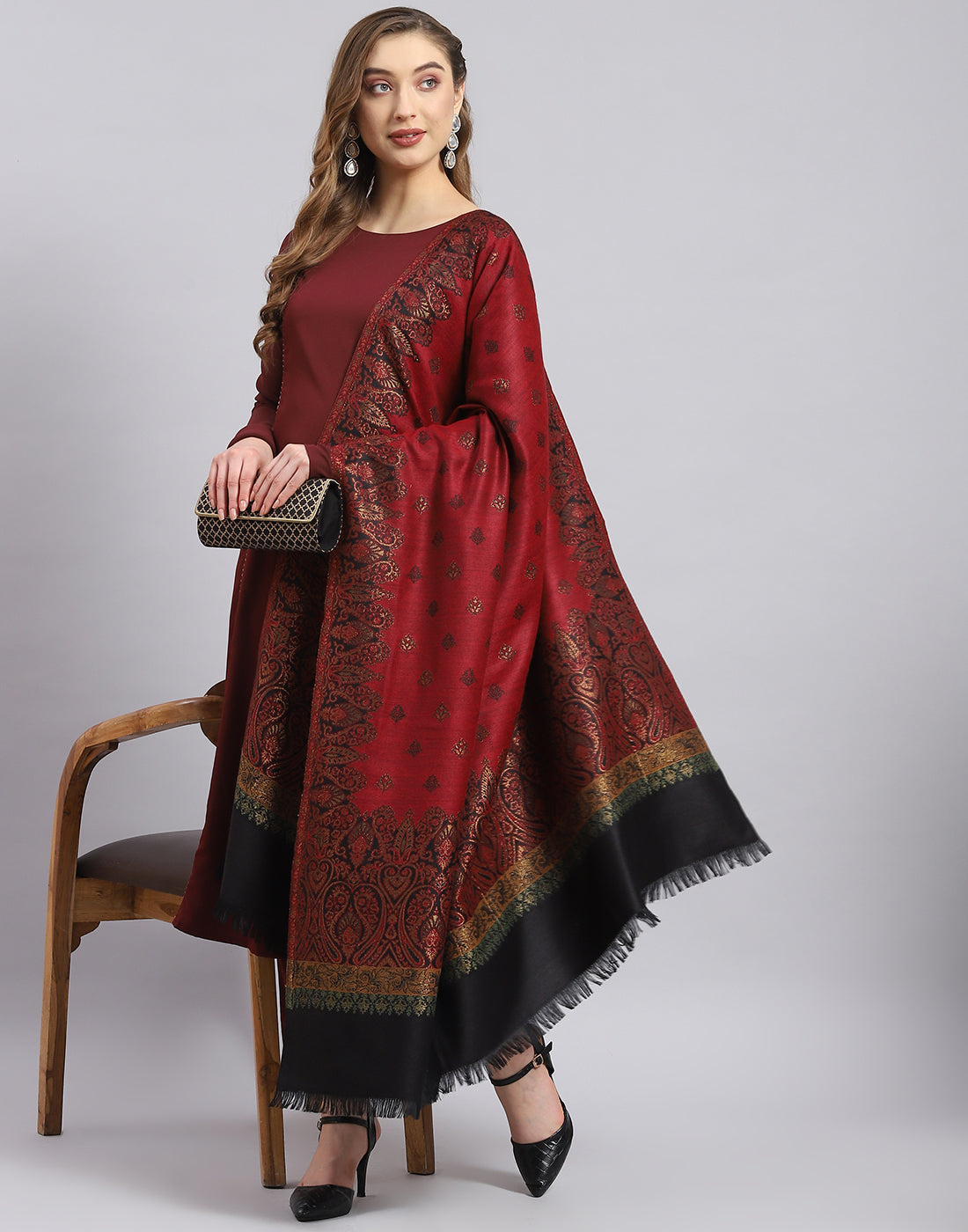 Women Rust Self Design Shawl