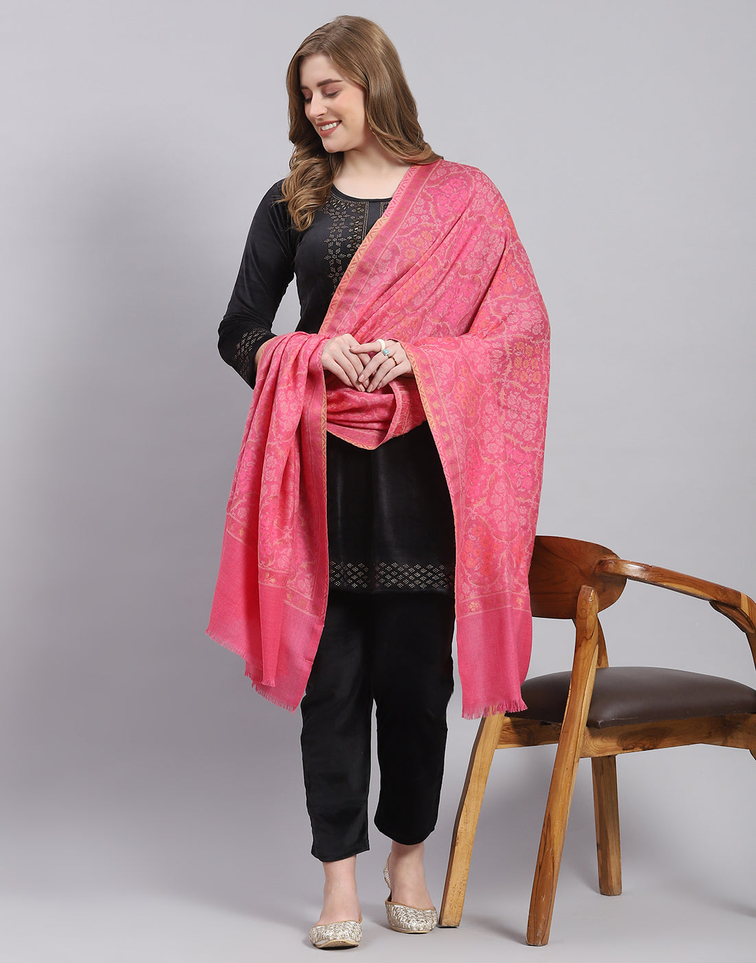 Women Pink Self Design Shawl