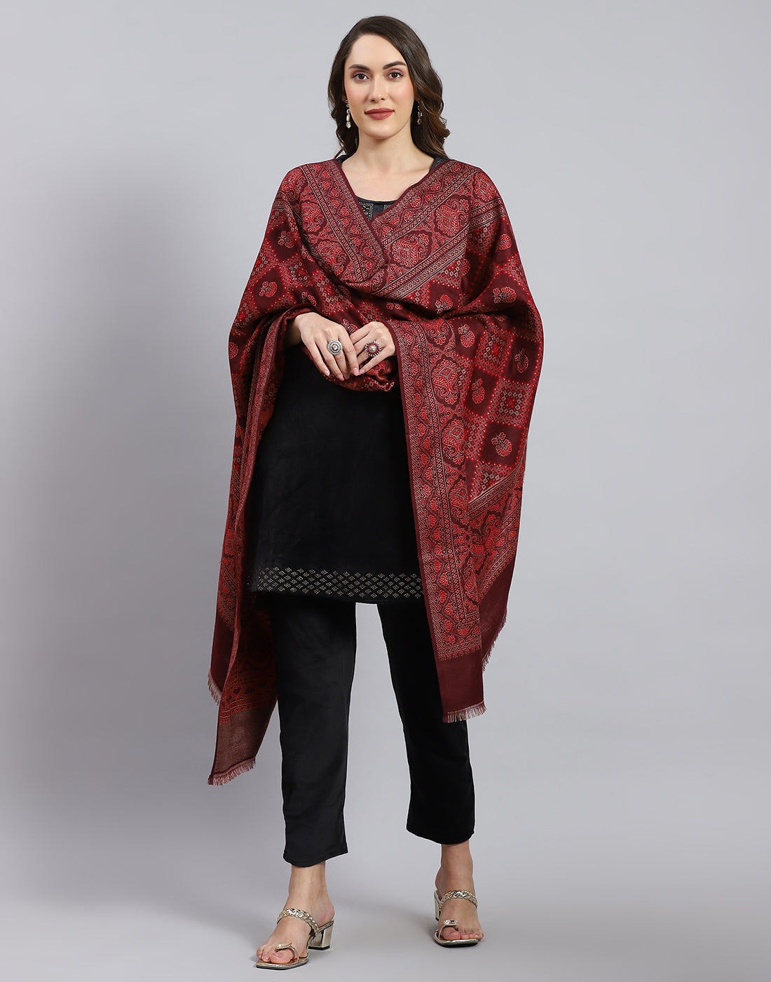 Women Maroon Self Design Shawl