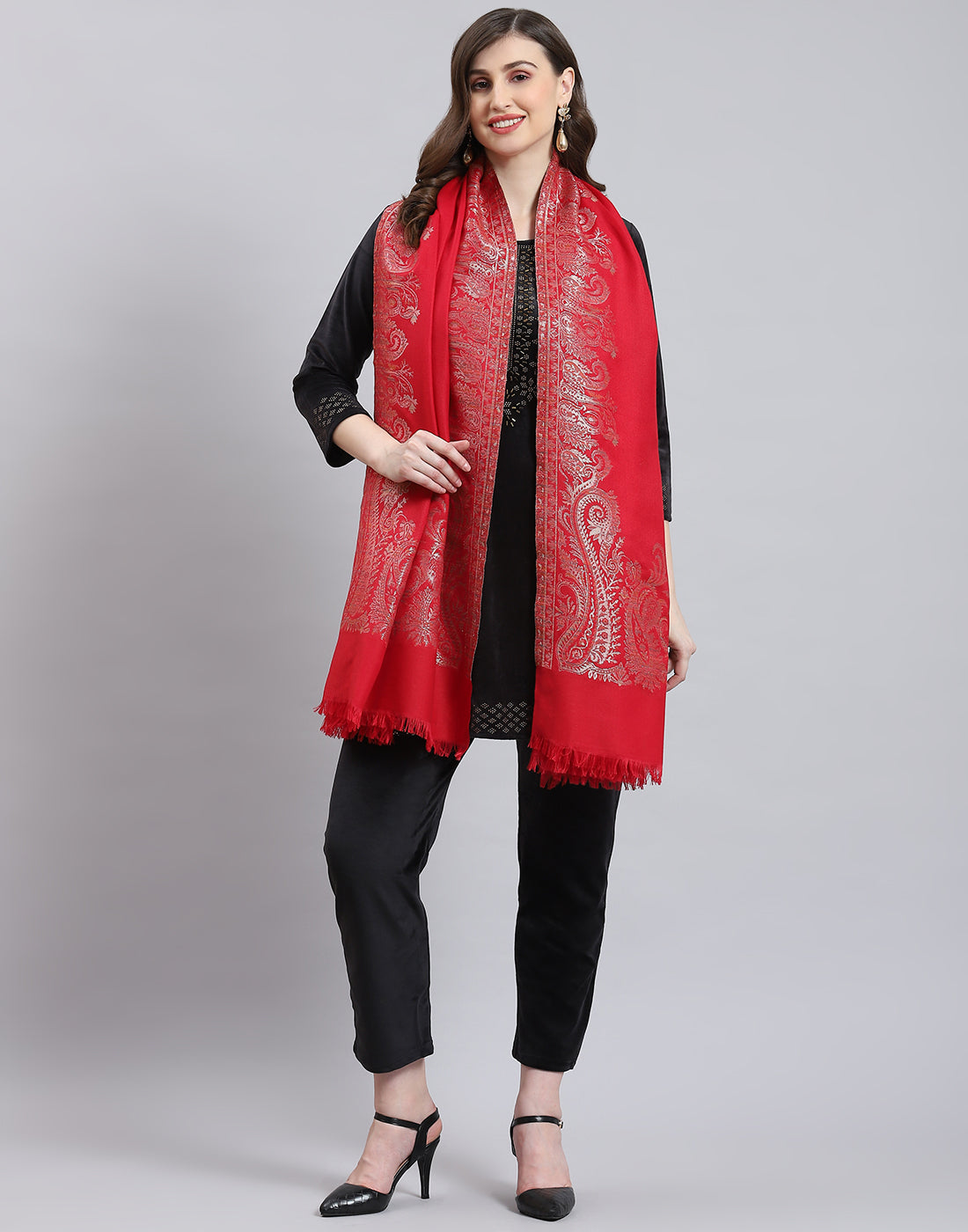 Women Red Self Design Shawl