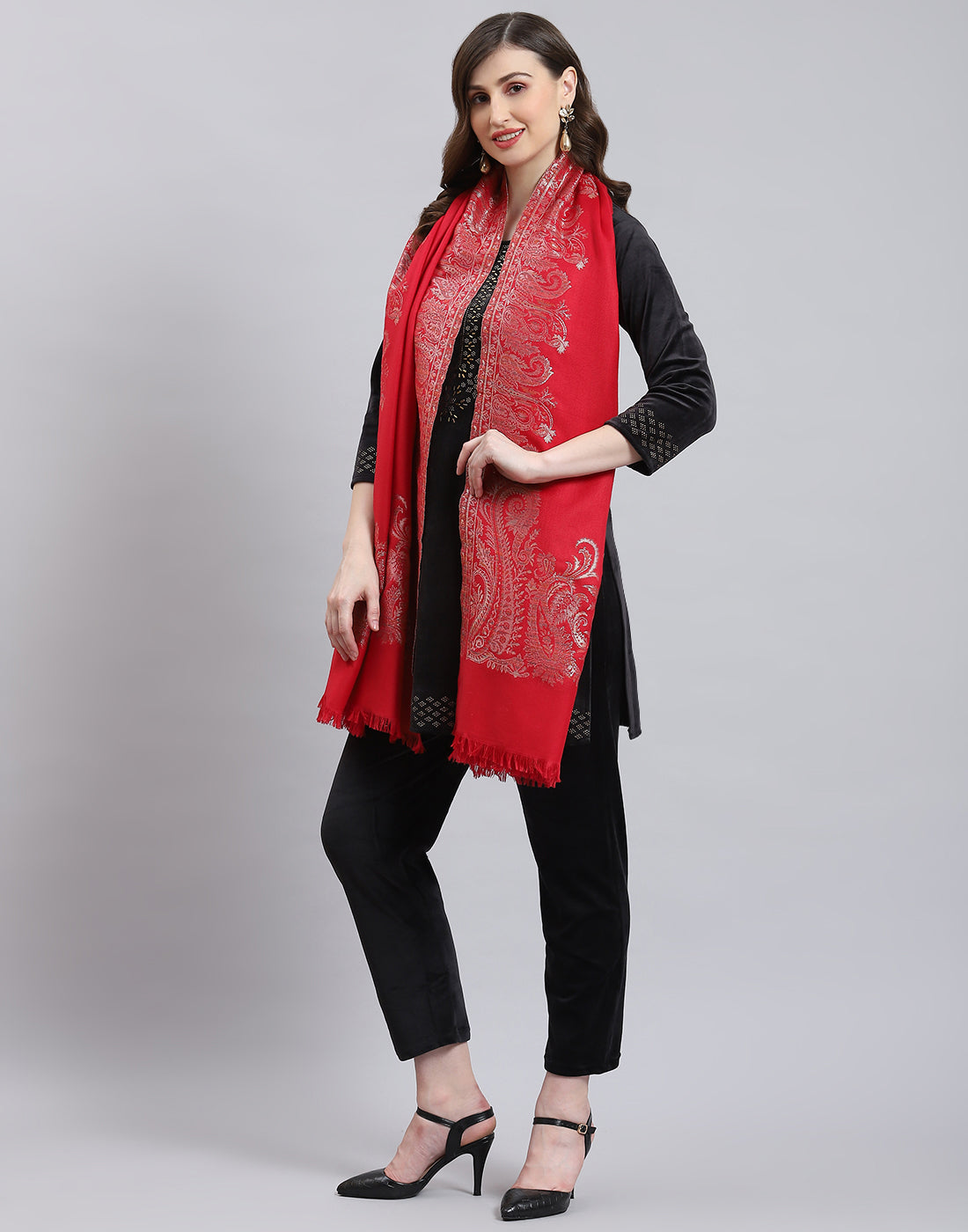 Women Red Self Design Shawl