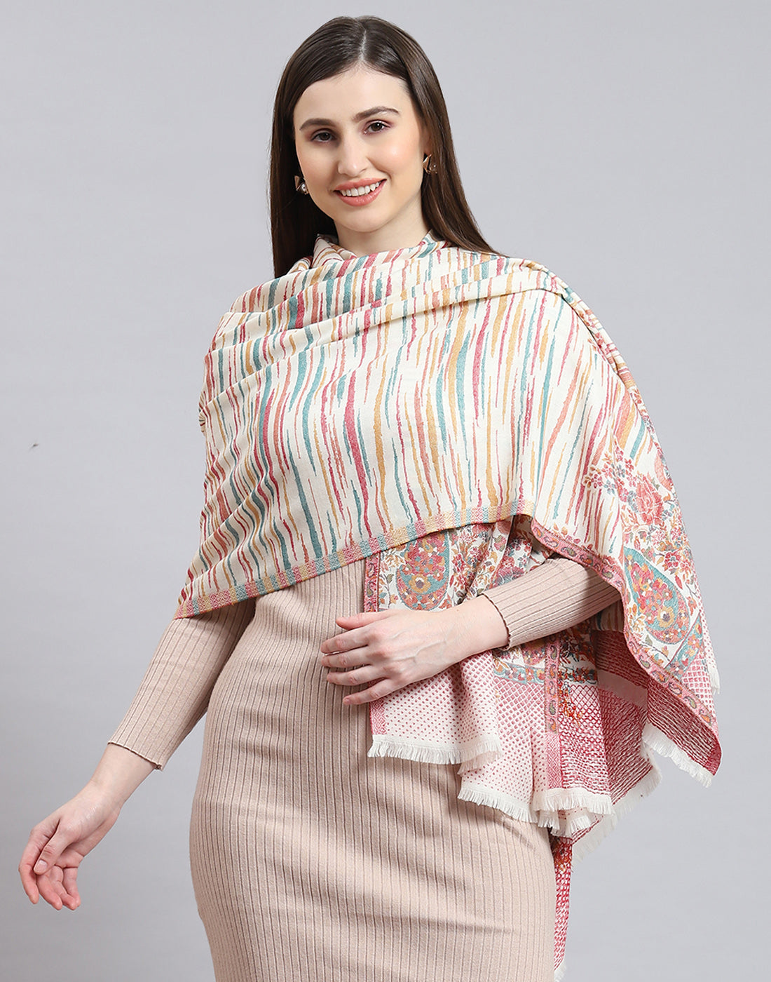 Women Off White Self Design Shawl