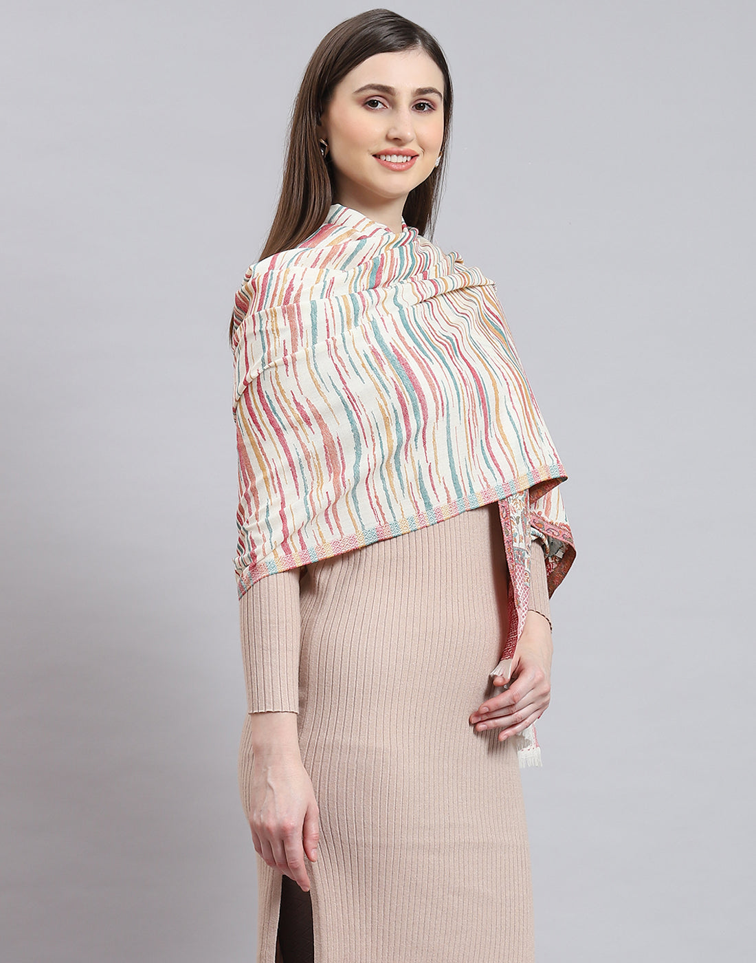 Women Off White Self Design Shawl