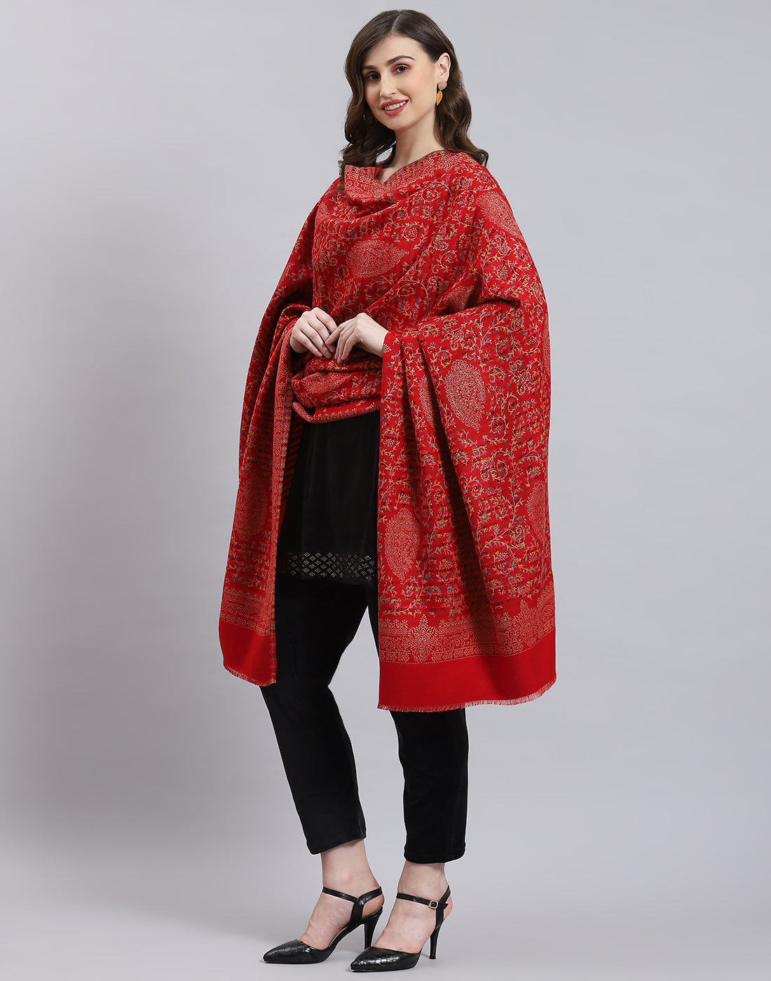 Women Red Self Design Shawl