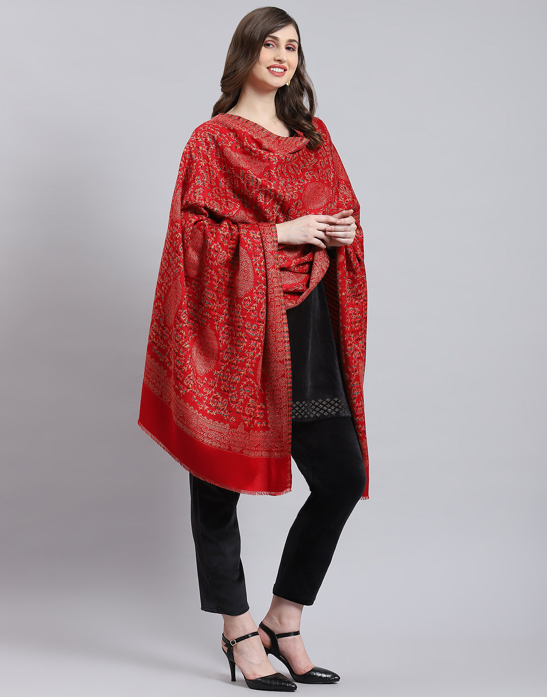 Women Red Self Design Shawl
