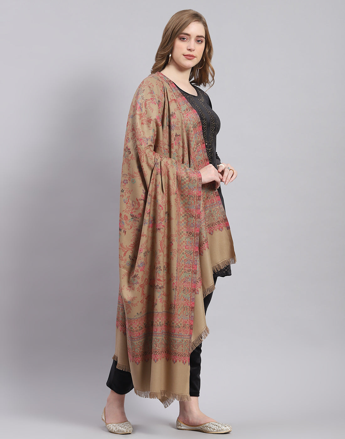 Women Khaki Self Design Shawl