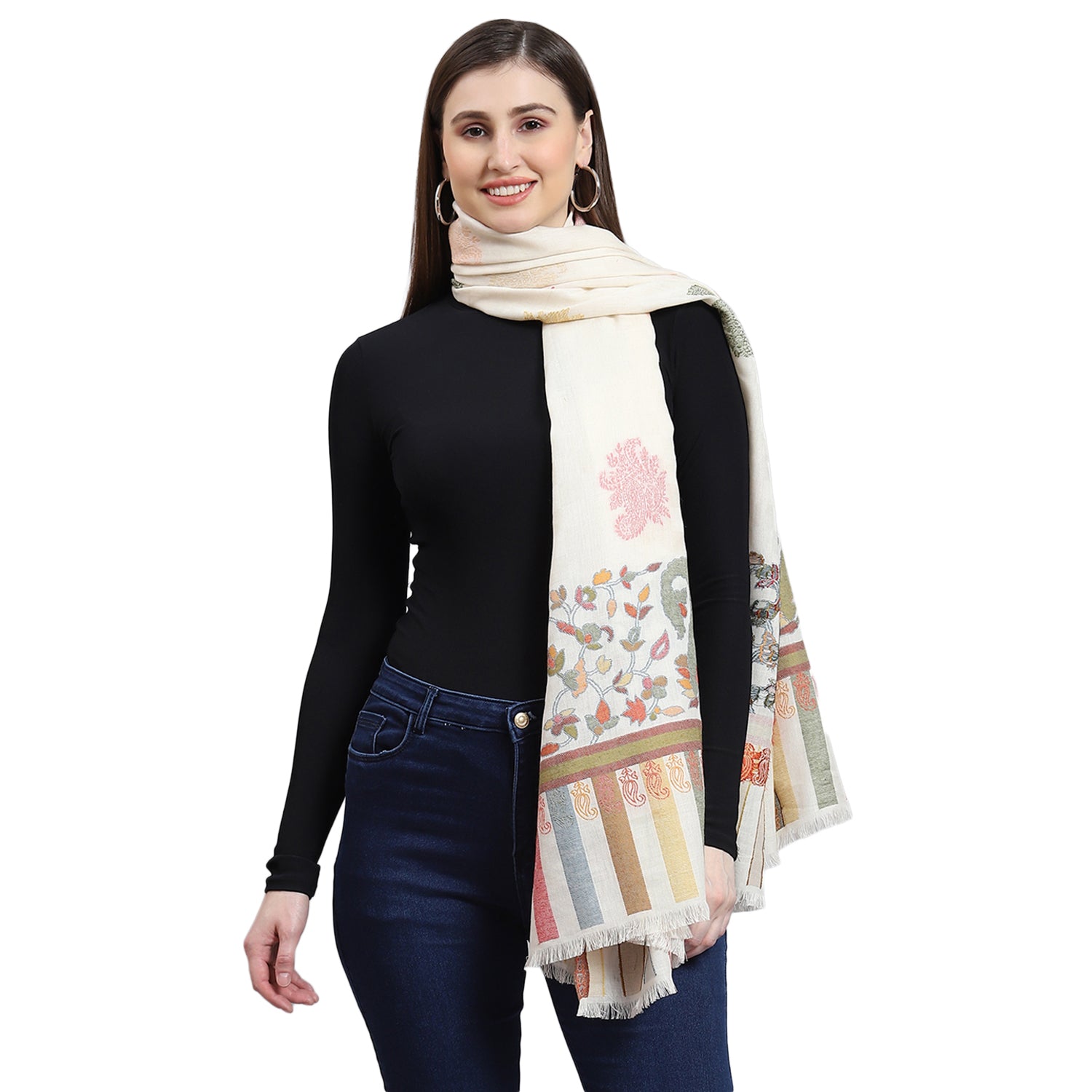 Women Off White Self Design Shawl