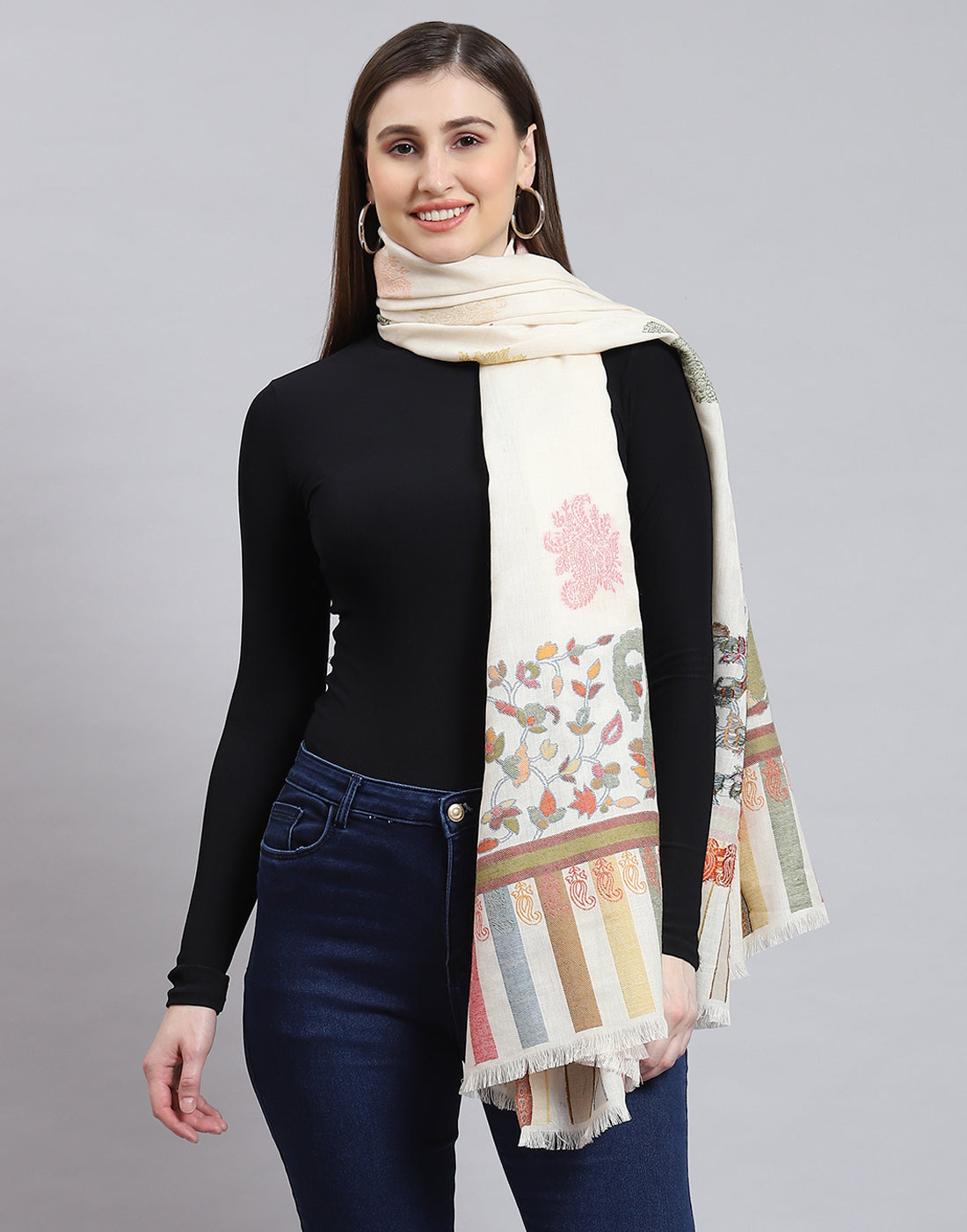 Women Off White Self Design Shawl