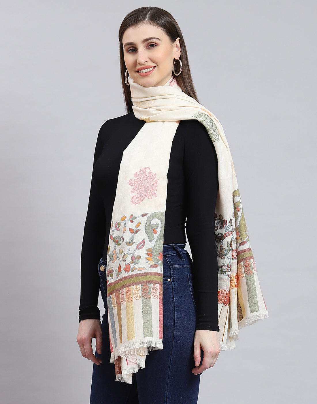Women Off White Self Design Shawl