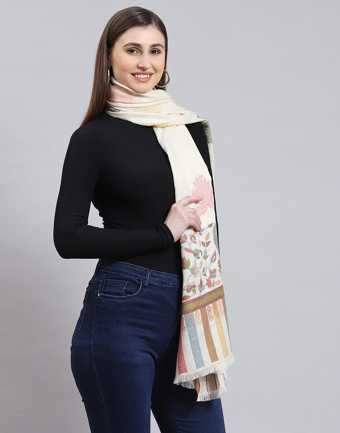 Women Off White Self Design Shawl